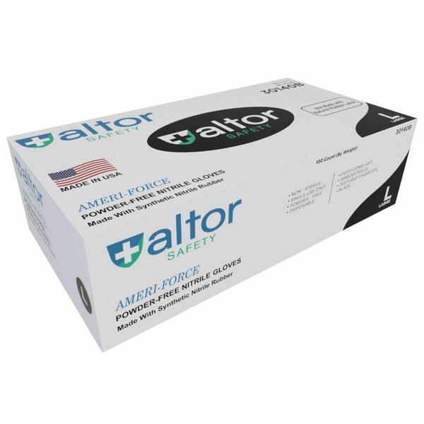 Altor Safety Nitrile Disposable Gloves, 6 mil Palm, Nitrile, Powder-Free, L, 100 PK, Black 30140B